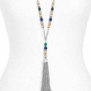 NY & Co VTG Y2K Lariat Tassle Necklace NWT Blue Green Silver/Gold tones